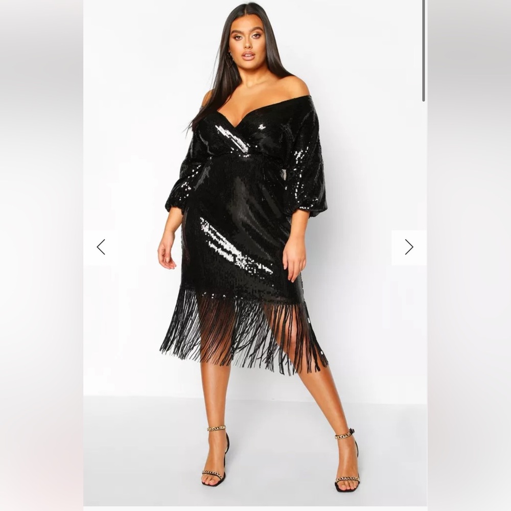 BLACK SEQUIN OFF THE SHOULDER WRAP MIDI DRESS NWT SIZE 18